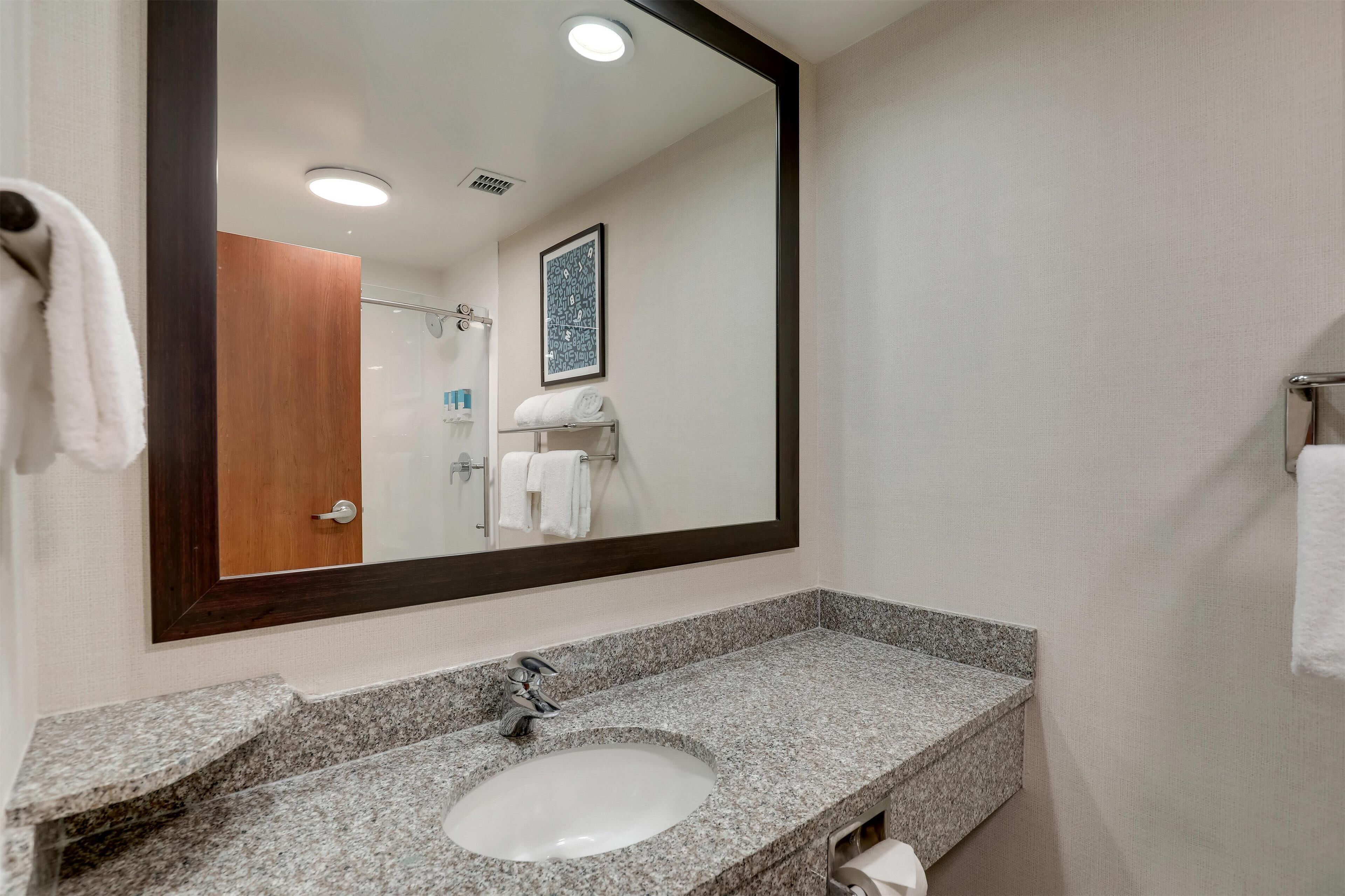 A bathroom with a granite countertop sink, a large mirror, and a framed picture on the wall.