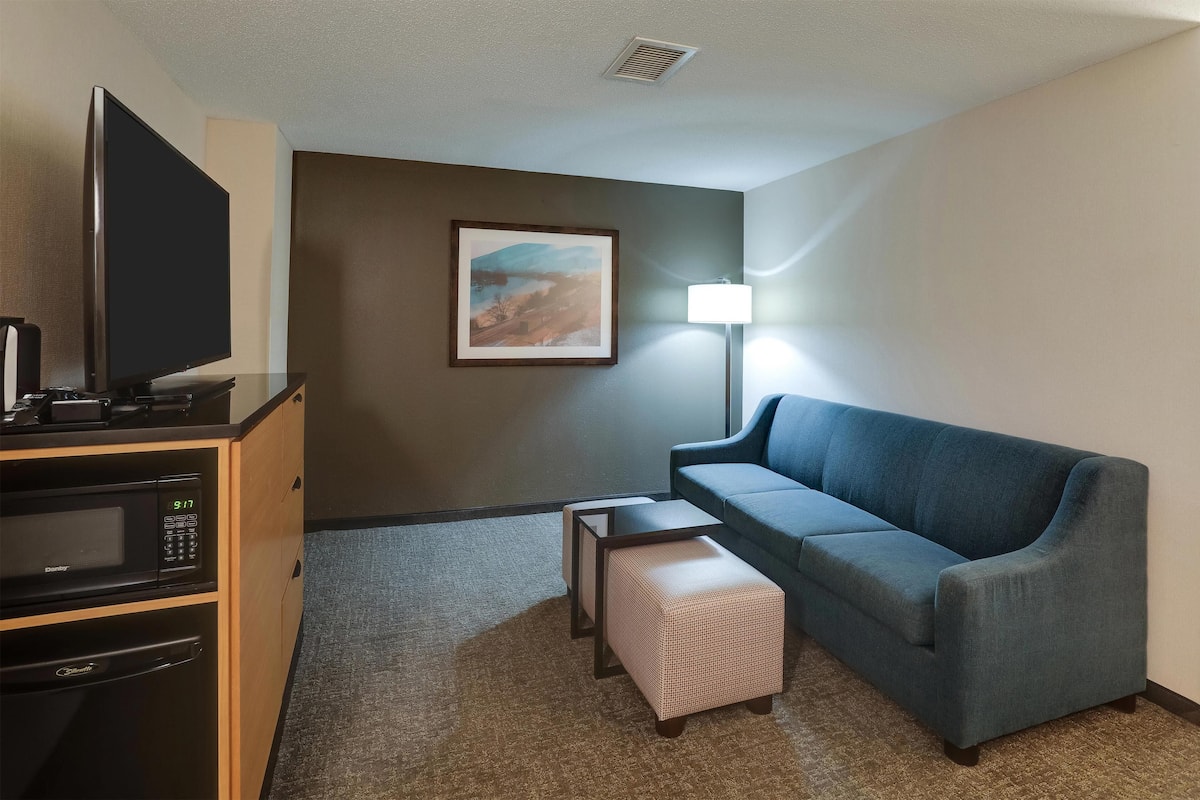 A hotel room with a flat-screen TV, microwave, and oven, a blue sofa, a small table, a lamp, and a framed picture on the wall.