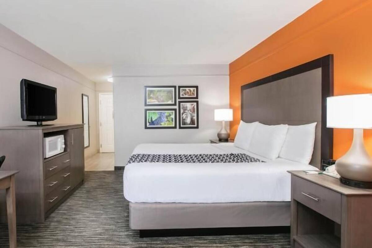Habitación de hotel con cama, televisor en una cómoda, escritorio con lámpara y cuadros en la pared.