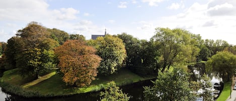 A park with a river, trees, and a pathway.