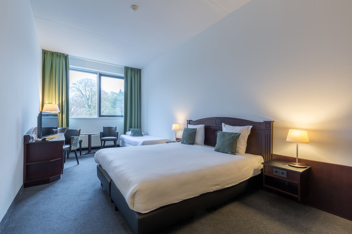 Une chambre d’hôtel avec un grand lit, deux tables de chevet avec des lampes, un bureau avec une chaise et une fenêtre avec des rideaux.