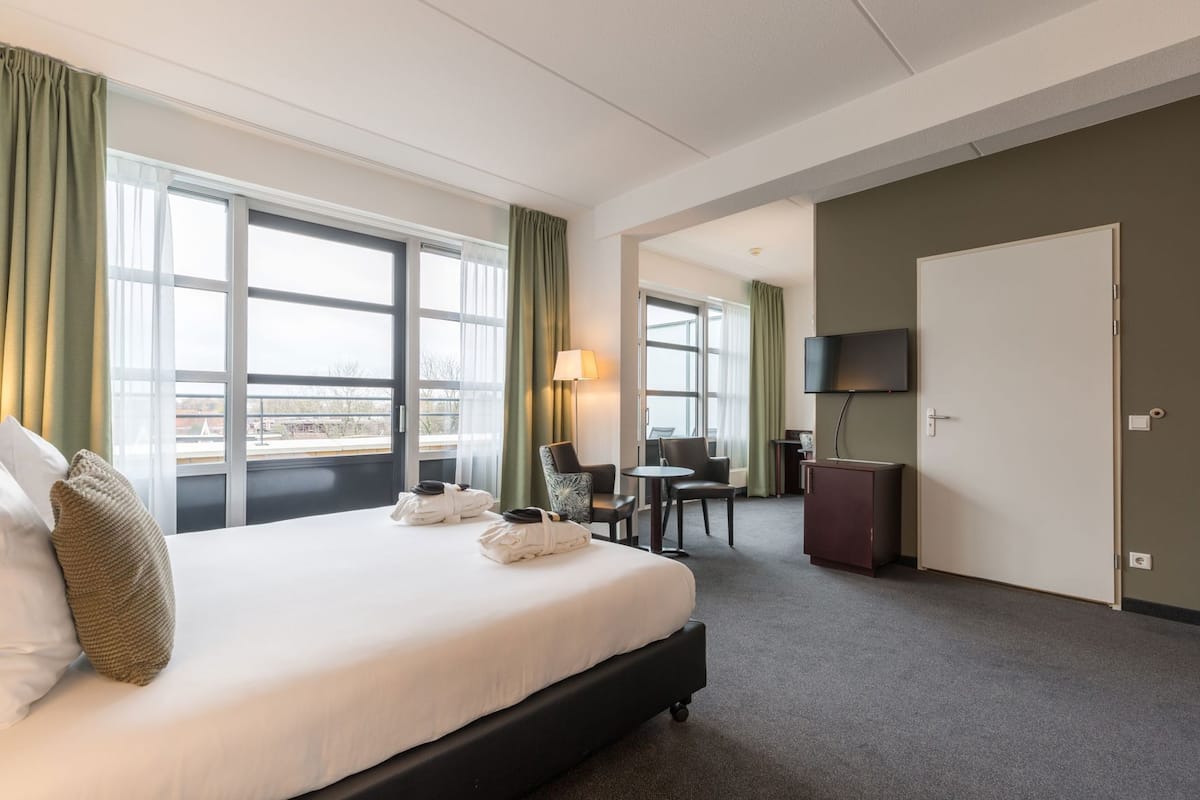 Une chambre d’hôtel avec un lit, un bureau, une chaise, une télévision et une porte.