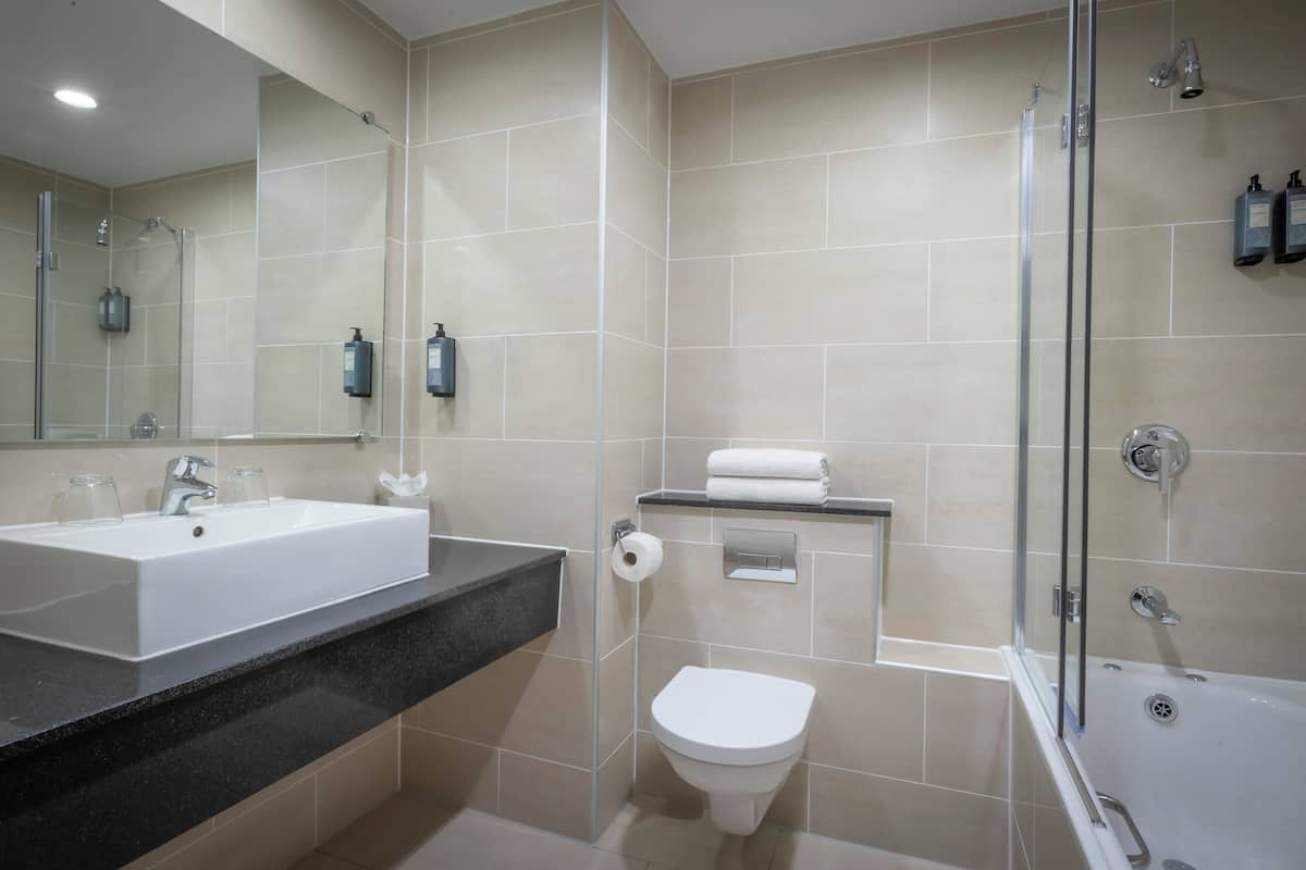 hydromassage showerhead, eco-friendly toiletries, hair dryer, towels