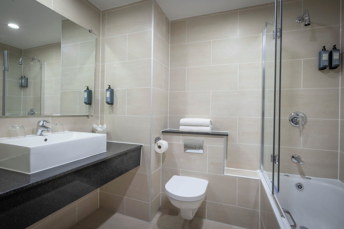 Une salle de bain moderne avec un grand lavabo, des toilettes et une baignoire.