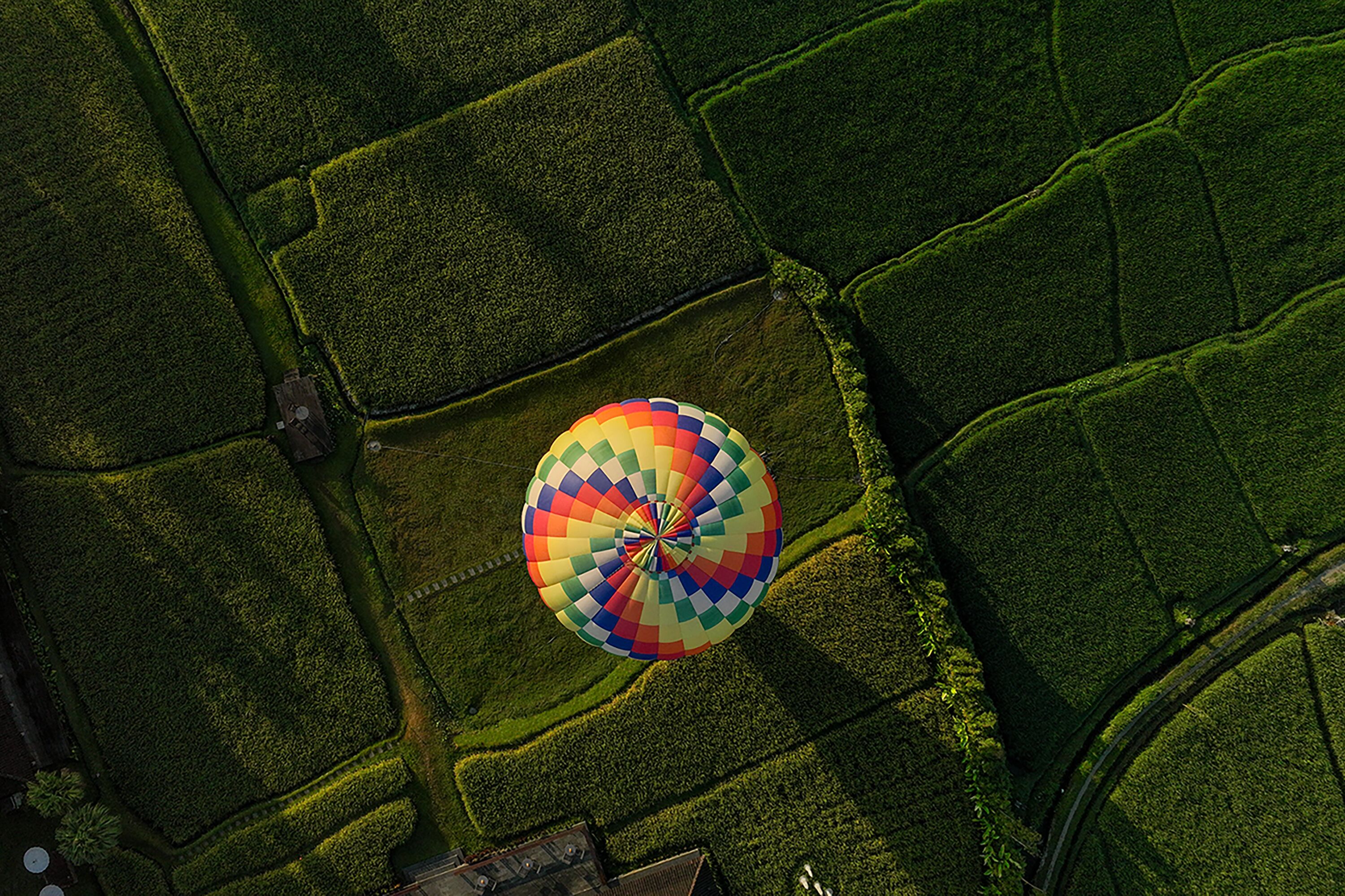 An aerial view of a hot air balloon over a meticulously landscaped field with geometric patterns and a small building at the bottom.
