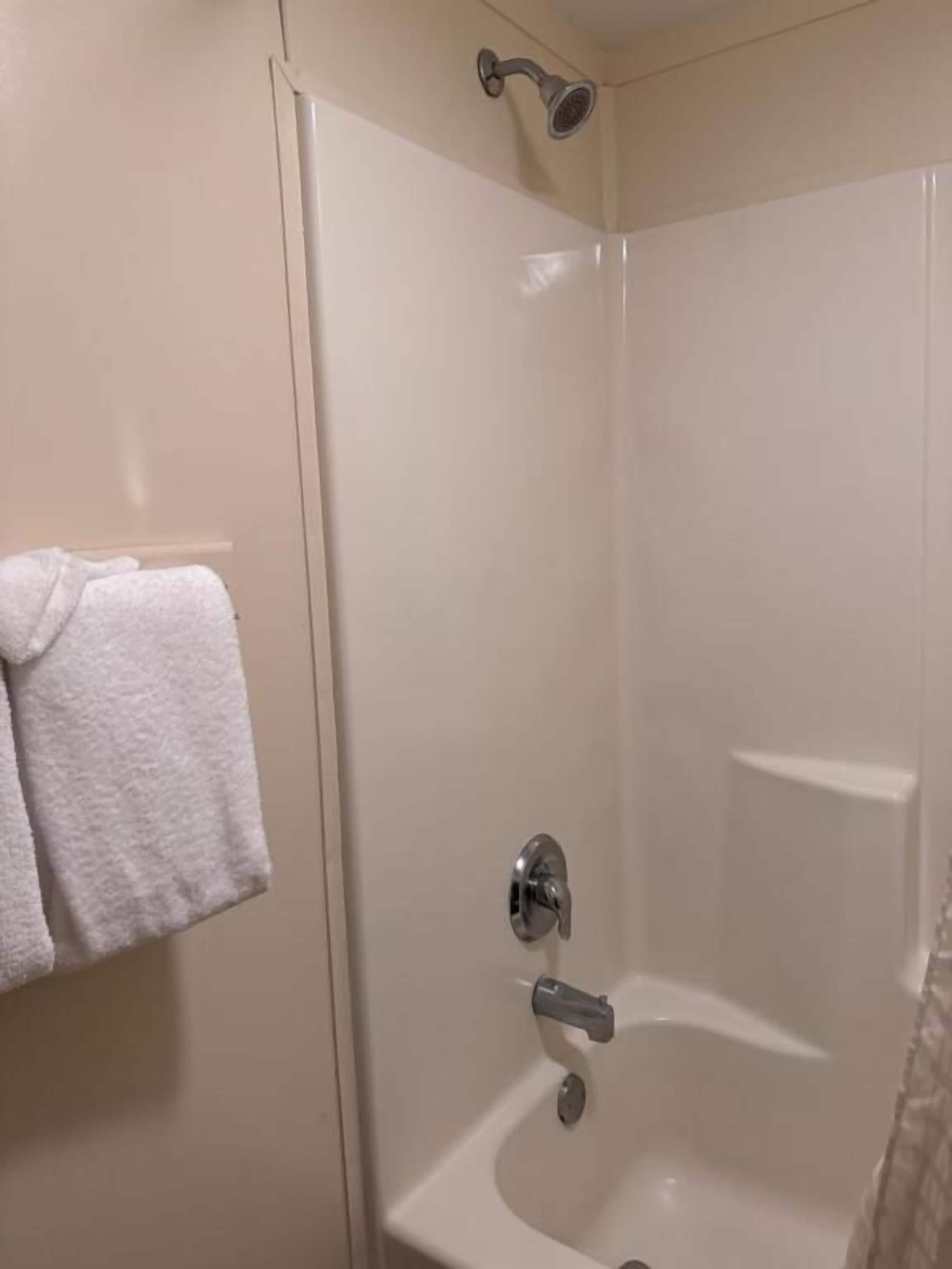 A shower with a glass door, a towel rack, and a showerhead.