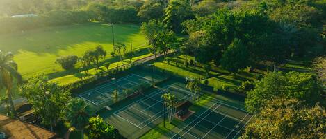 Luchtbeeld van een tennisbaan, omringd door weelderig groen en bomen.