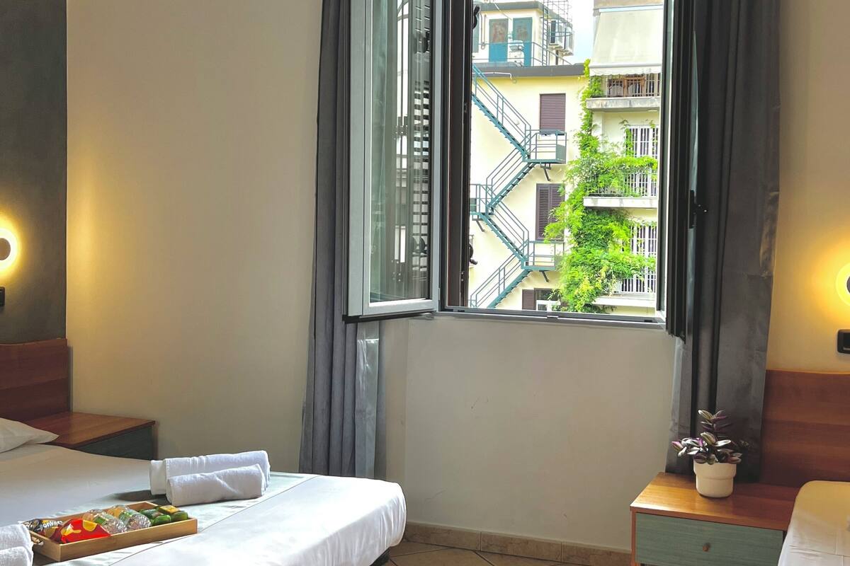 Une chambre d’hôtel avec un lit, une petite table sur laquelle est posée une plante, une fenêtre avec des rideaux et une vue sur les bâtiments environnants.