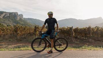 Una persona de pie junto a una bicicleta en una carretera pavimentada, con un paisaje montañoso al fondo.