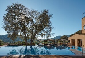 On aperçoit clairement une piscine avec une terrasse en bois, entourée de meubles d’extérieur et de parasols. Un grand arbre se trouve au premier plan, et un paysage montagneux en arrière-plan.