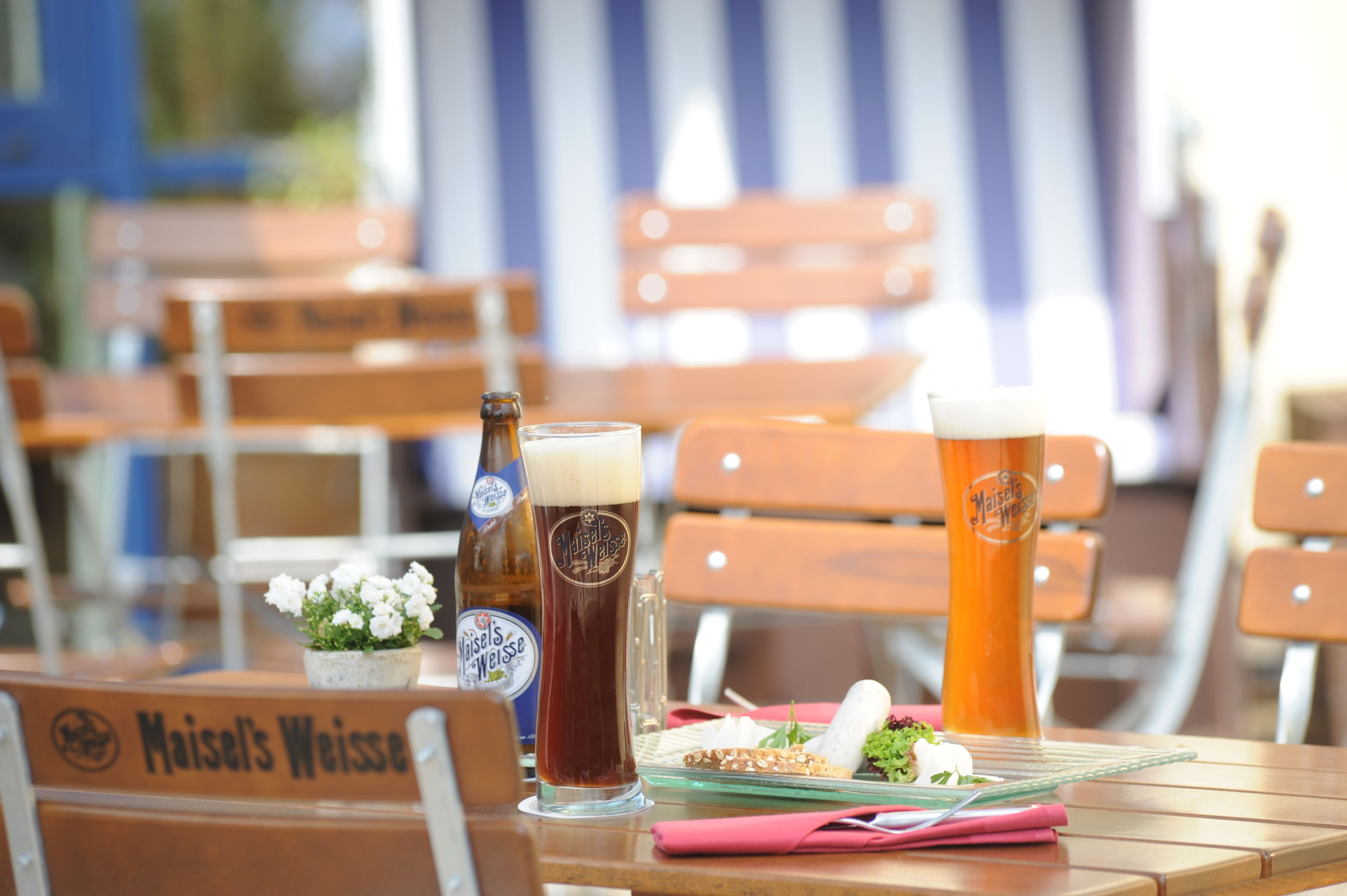 Ein Tisch mit einer Bierflasche, zwei Biergläsern und einem kleinen Blumentopf.