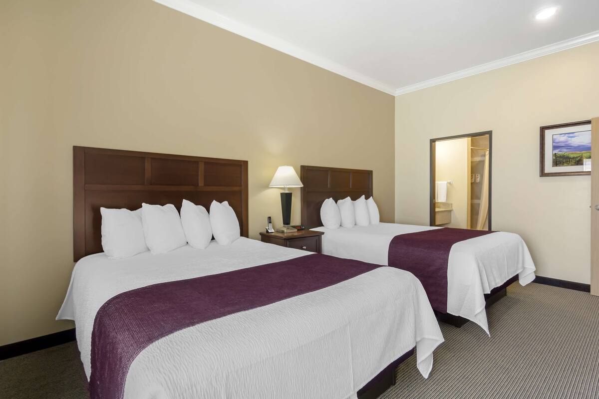 A hotel room with two beds, a nightstand, a lamp, and a mirror.