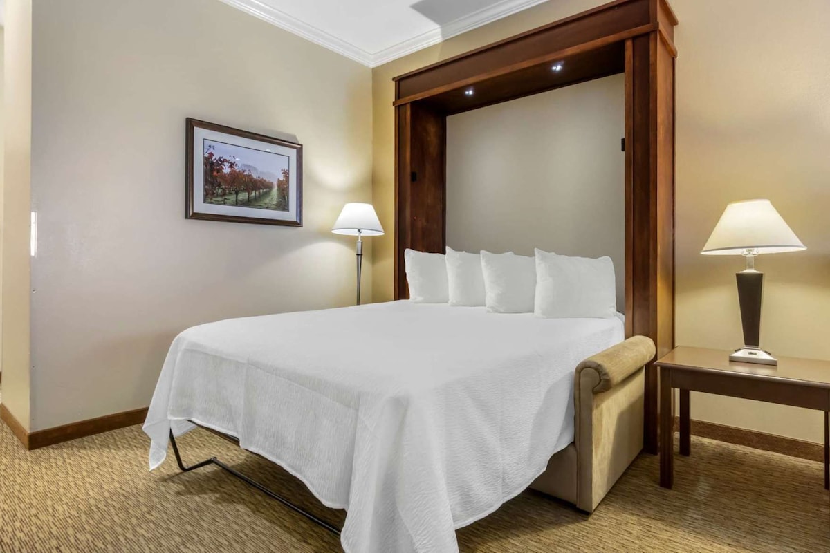 Habitación de hotel con una cama grande, dos lámparas de noche, un cuadro enmarcado en la pared y un cabecero de madera.
