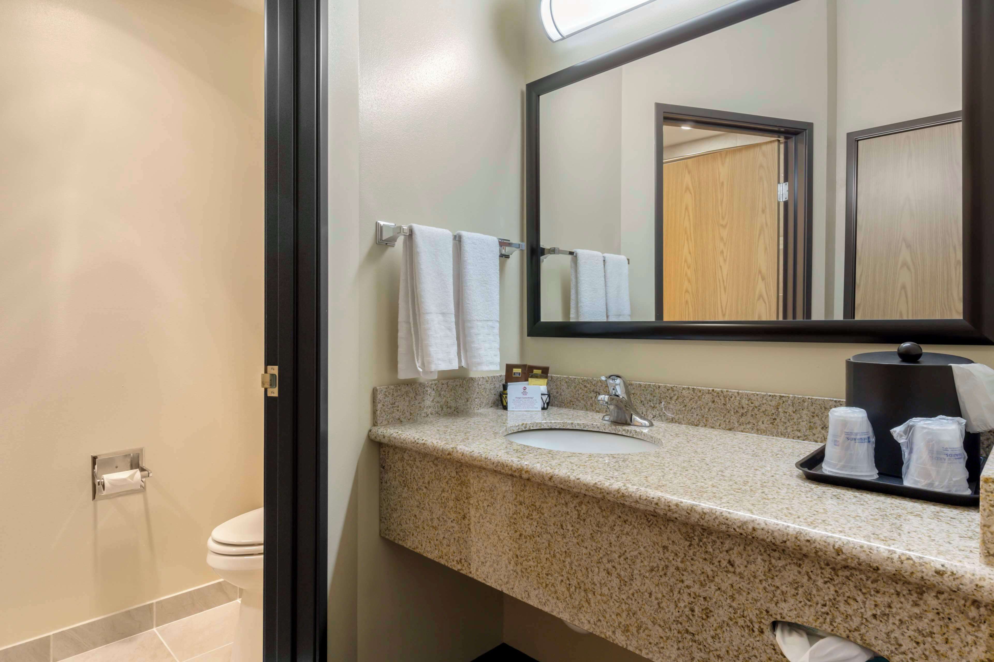 combined shower/bathtub, free toiletries, hair dryer, towels