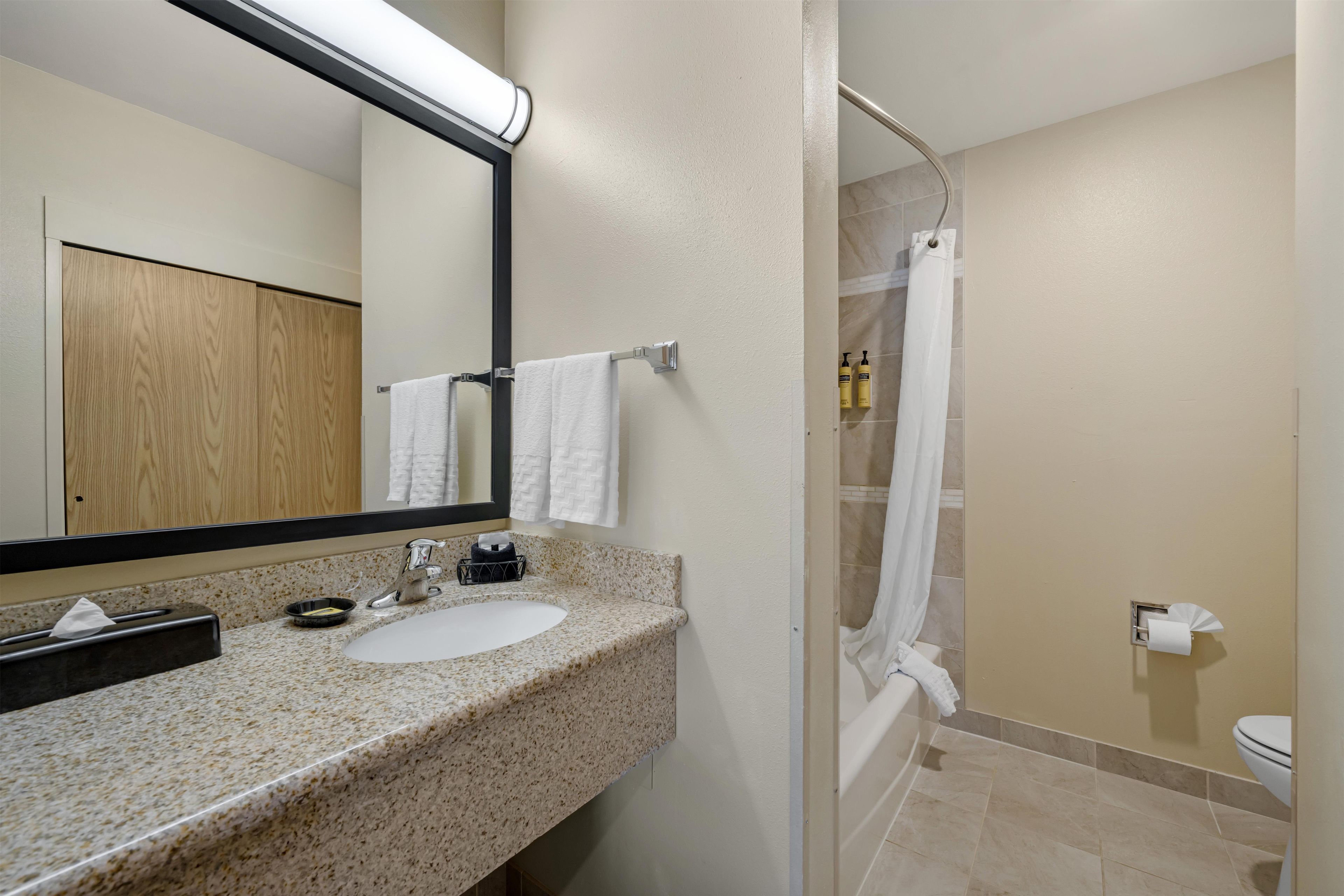 A bathroom with a granite countertop, a sink, a mirror, a towel rack, a shower with a curtain, and a toilet.