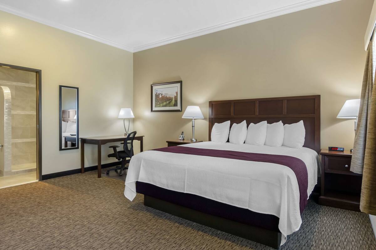 A hotel room with a large bed, two bedside tables, a desk, and a chair.
