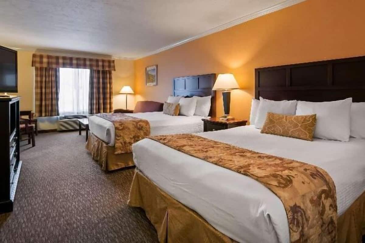 Desk, laptop workspace, blackout drapes, iron/ironing board