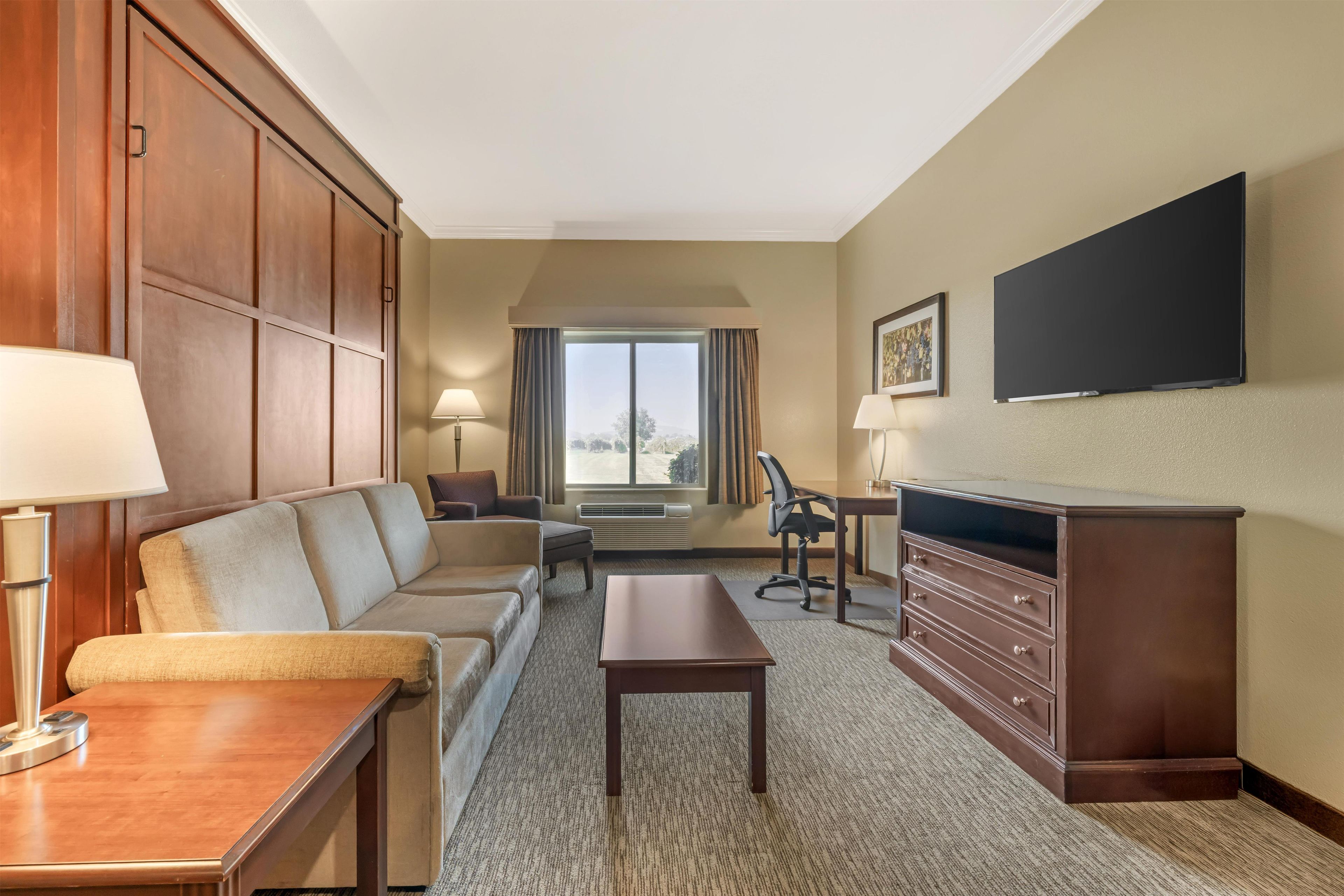 A hotel room with a sofa, a desk, a chair, a dresser, a flat-screen TV, and a window with a view.
