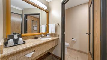 Un baño de hotel con encimera de granito, un lavabo, un espejo, un inodoro y una zona de ducha.