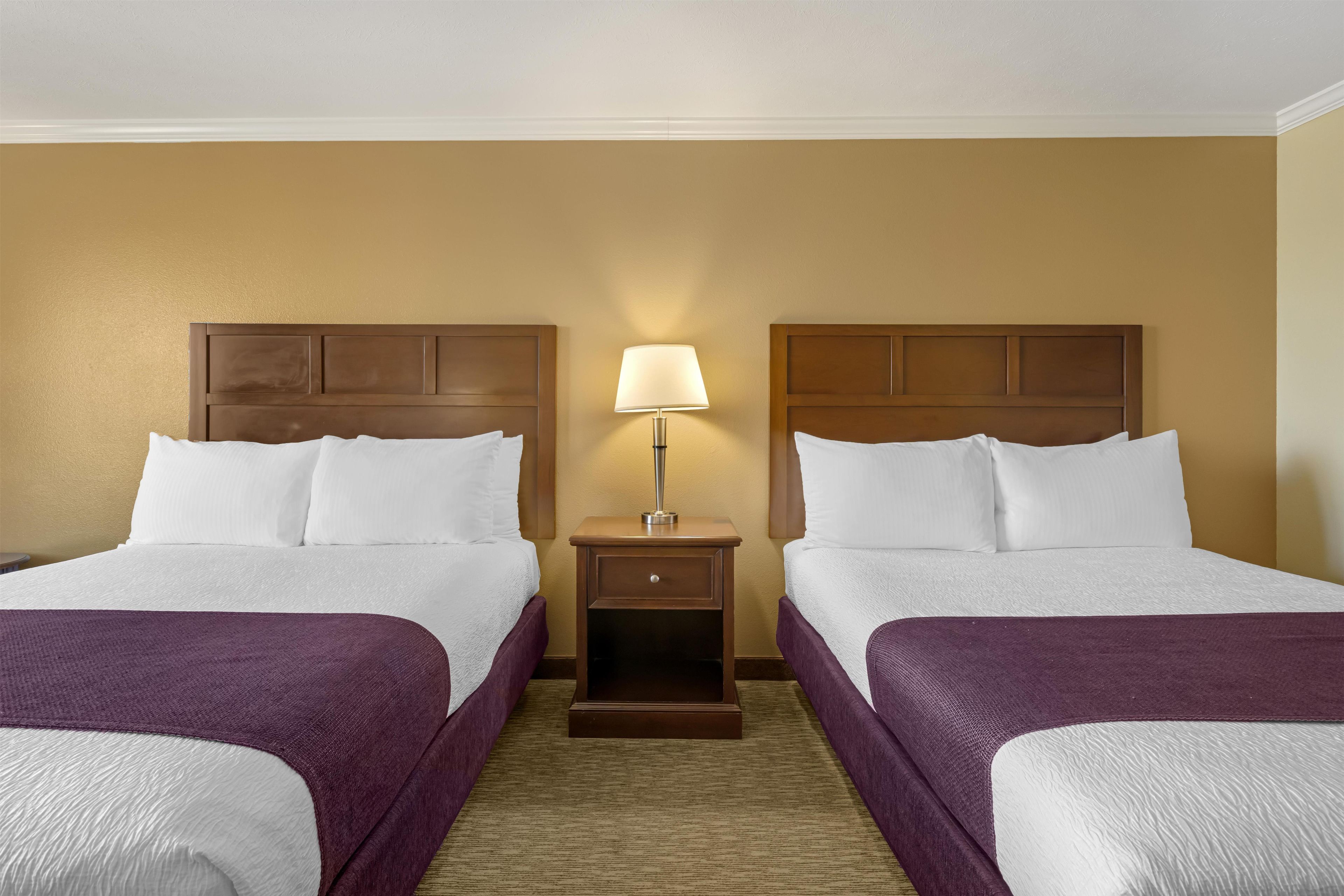 Habitación de hotel con dos camas, una mesita de noche con lámpara y piso alfombrado.