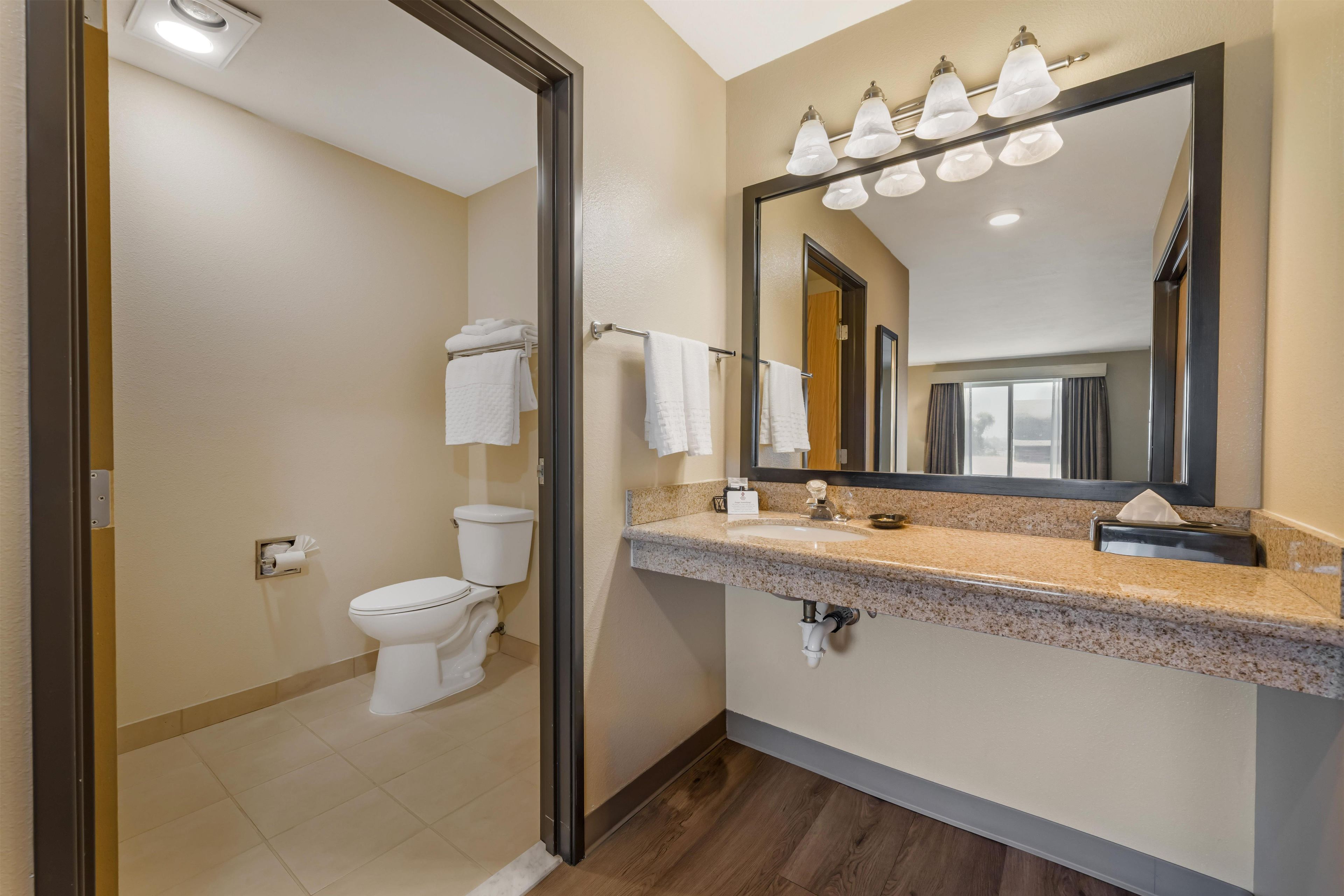 A modern bathroom with a toilet, sink, and shower.