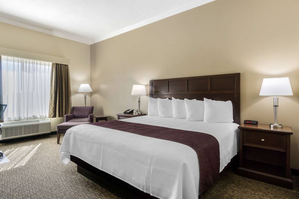 A hotel room with a large bed, two bedside tables with lamps, a chair, a window with curtains, and a carpeted floor.