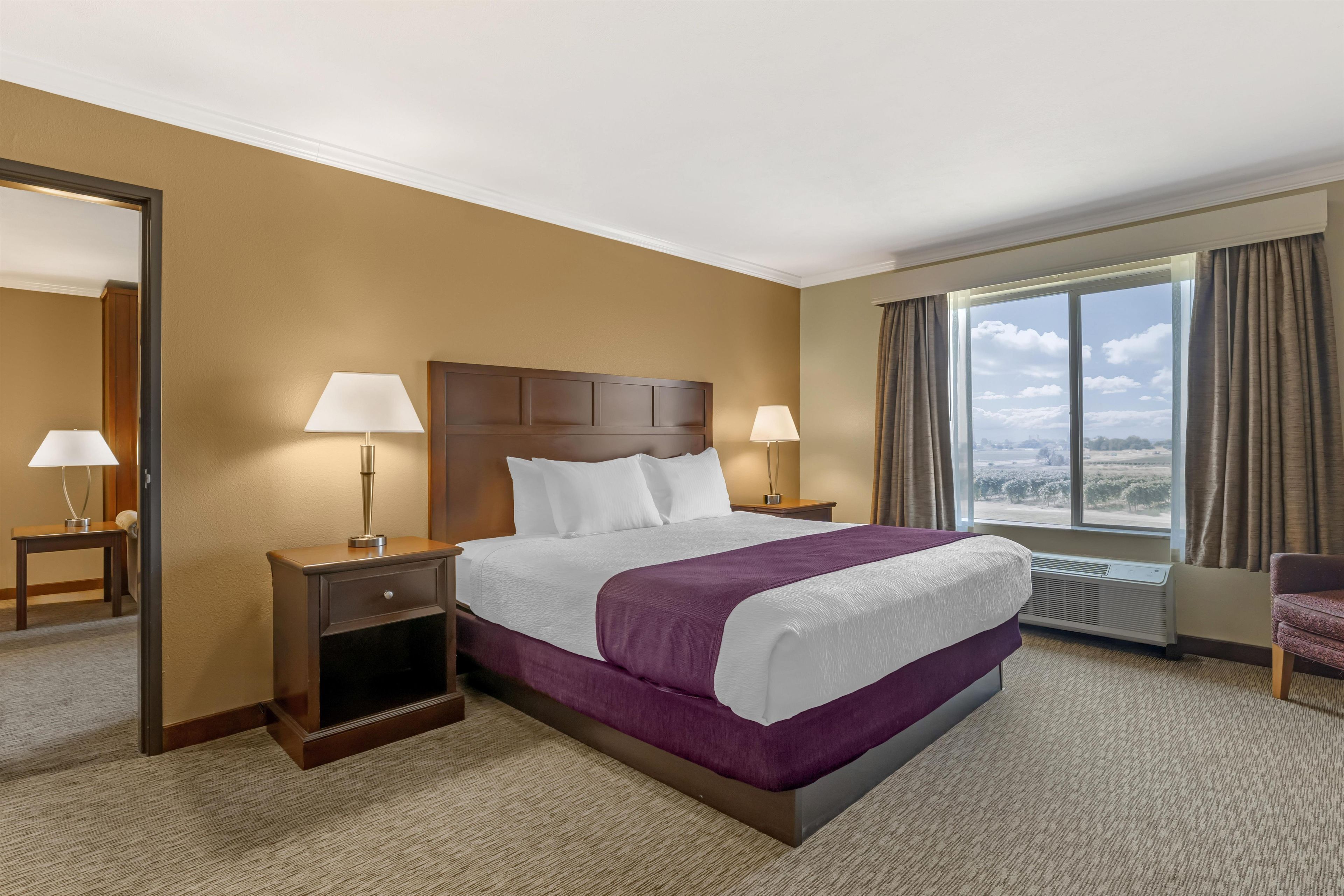 A hotel room with a large bed, two bedside tables with lamps, a window with curtains, and a view of the outdoors.