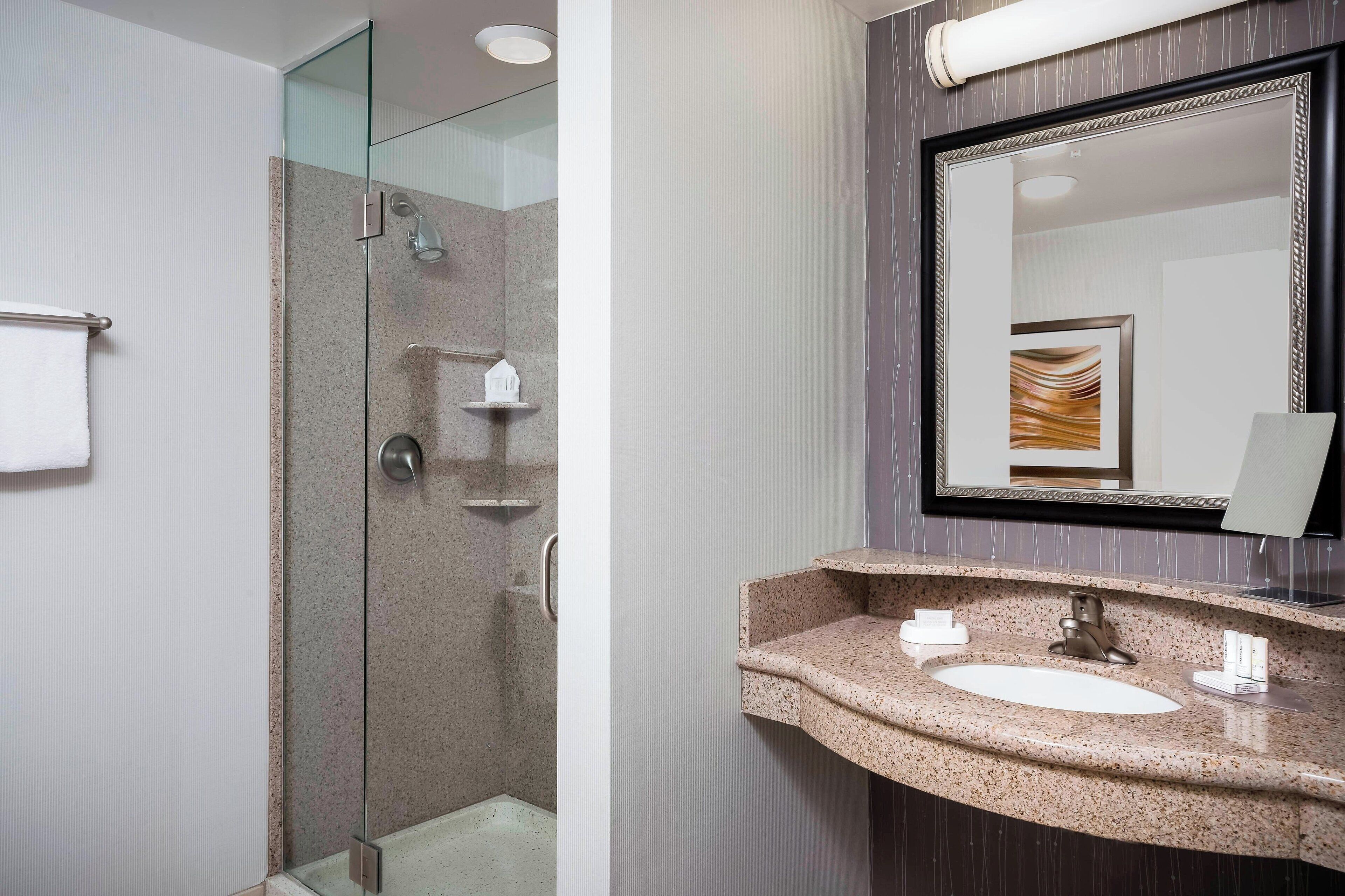 combined shower/bathtub, free toiletries, hair dryer, towels