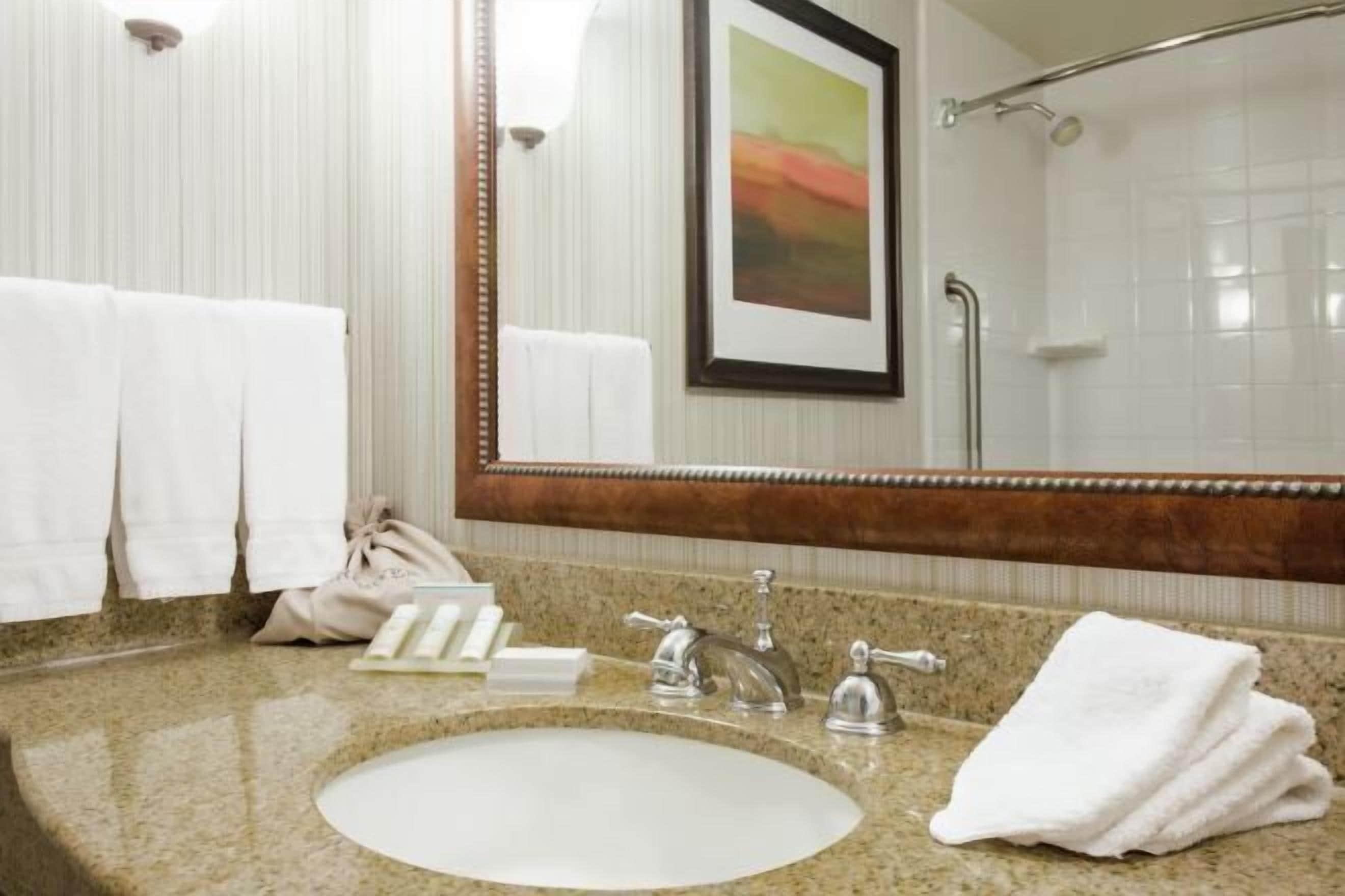 Combined shower/tub, free toiletries, hair dryer, bathrobes