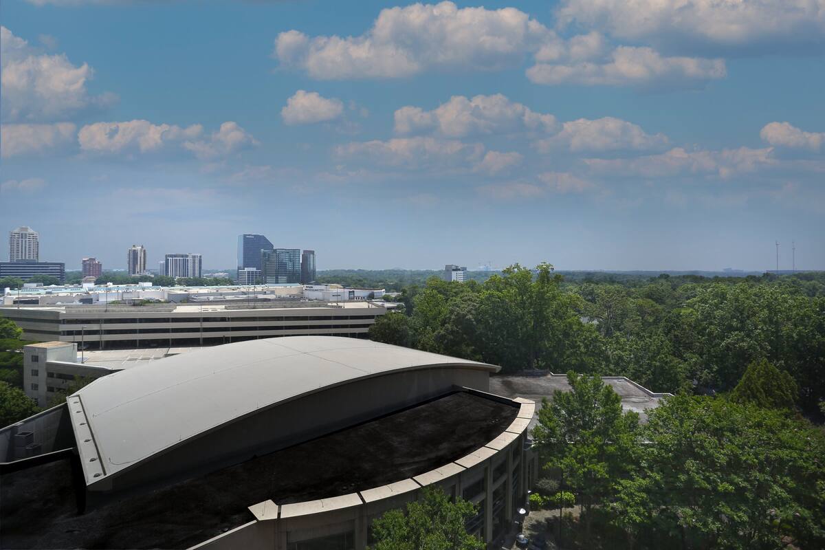 A modern building with a curved roof and a view of a city skyline in the background.