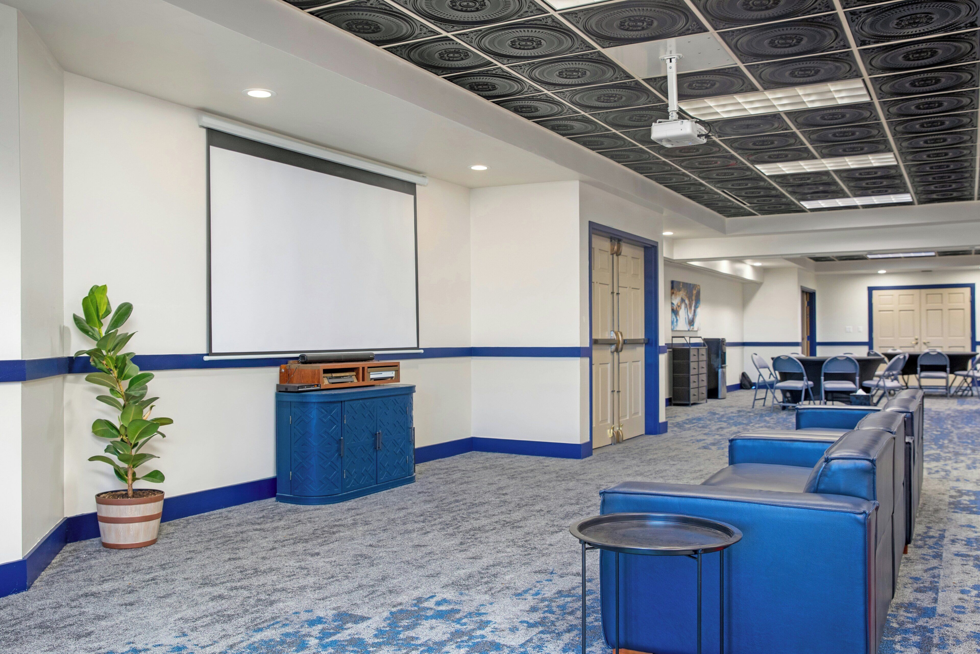 A conference room with a projector screen, seating, a potted plant, and a blue cabinet.