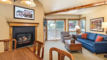 45-inch LCD TV with cable channels, TV, fireplace