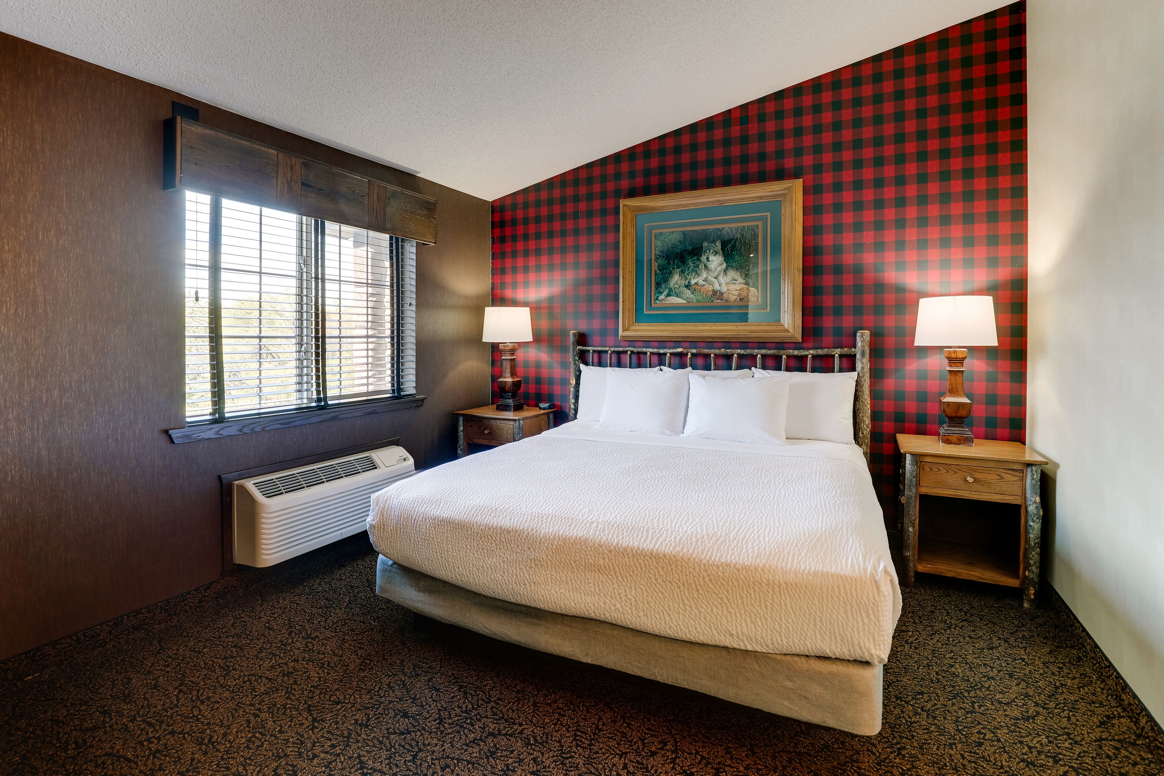 A hotel room with a large bed, two bedside tables with lamps, a radiator, a window with blinds, and a checkered wall.