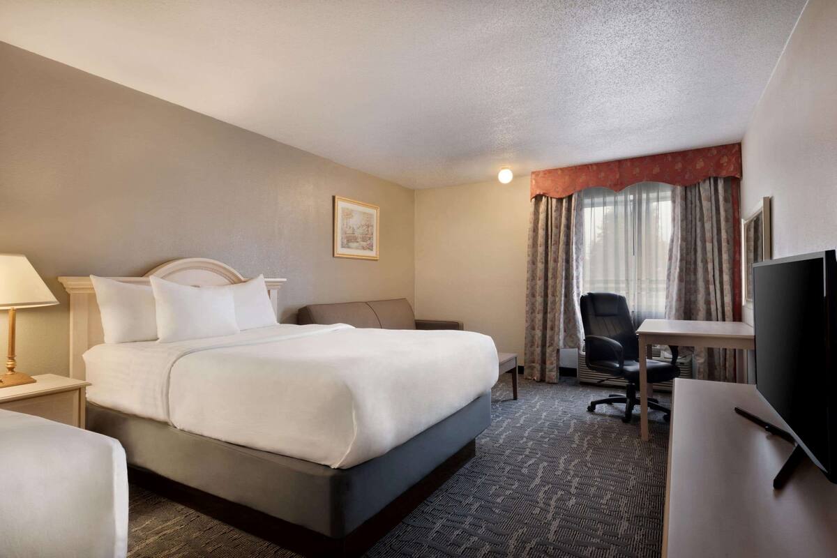 Une chambre d’hôtel avec un lit, un bureau, une chaise, une télévision et une lampe.