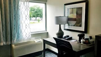 Desk, laptop workspace, blackout curtains, iron/ironing board