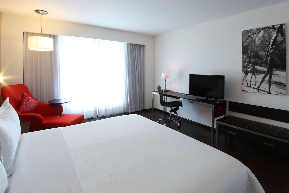 Habitación de hotel con una cama grande, un escritorio con silla, un televisor y un cuadro en la pared.