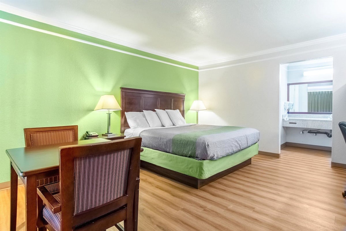 Habitación de hotel con pared verde, suelo de madera, cama con ropa de cama blanca y gris, dos lámparas de noche, escritorio de madera con una silla, y una ventana con vistas al exterior.