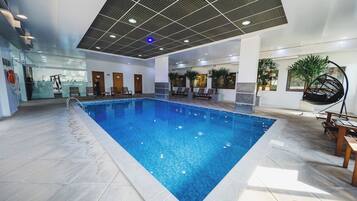 Indoor pool, open 8:00 AM to 8:00 PM, sun loungers