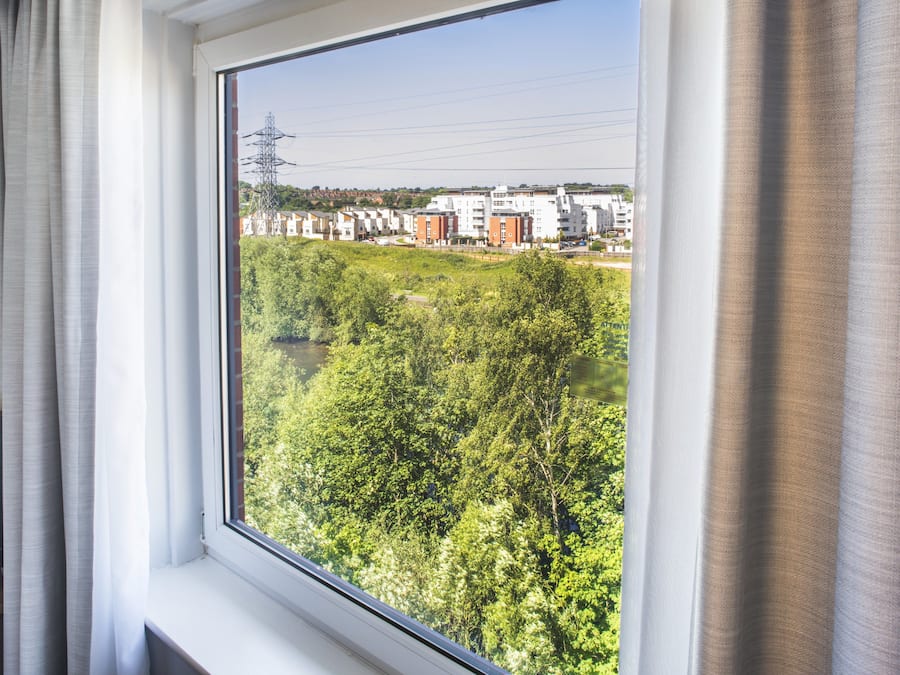 Desk, laptop workspace, blackout drapes, free WiFi