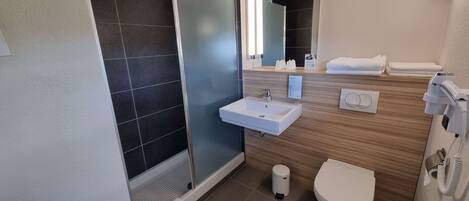 A modern bathroom with a shower, sink, toilet, and a mirror.