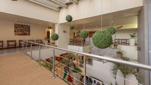 Un espacio interior amplio con techo alto, varios niveles y plantas verdes colgantes en forma de esfera.