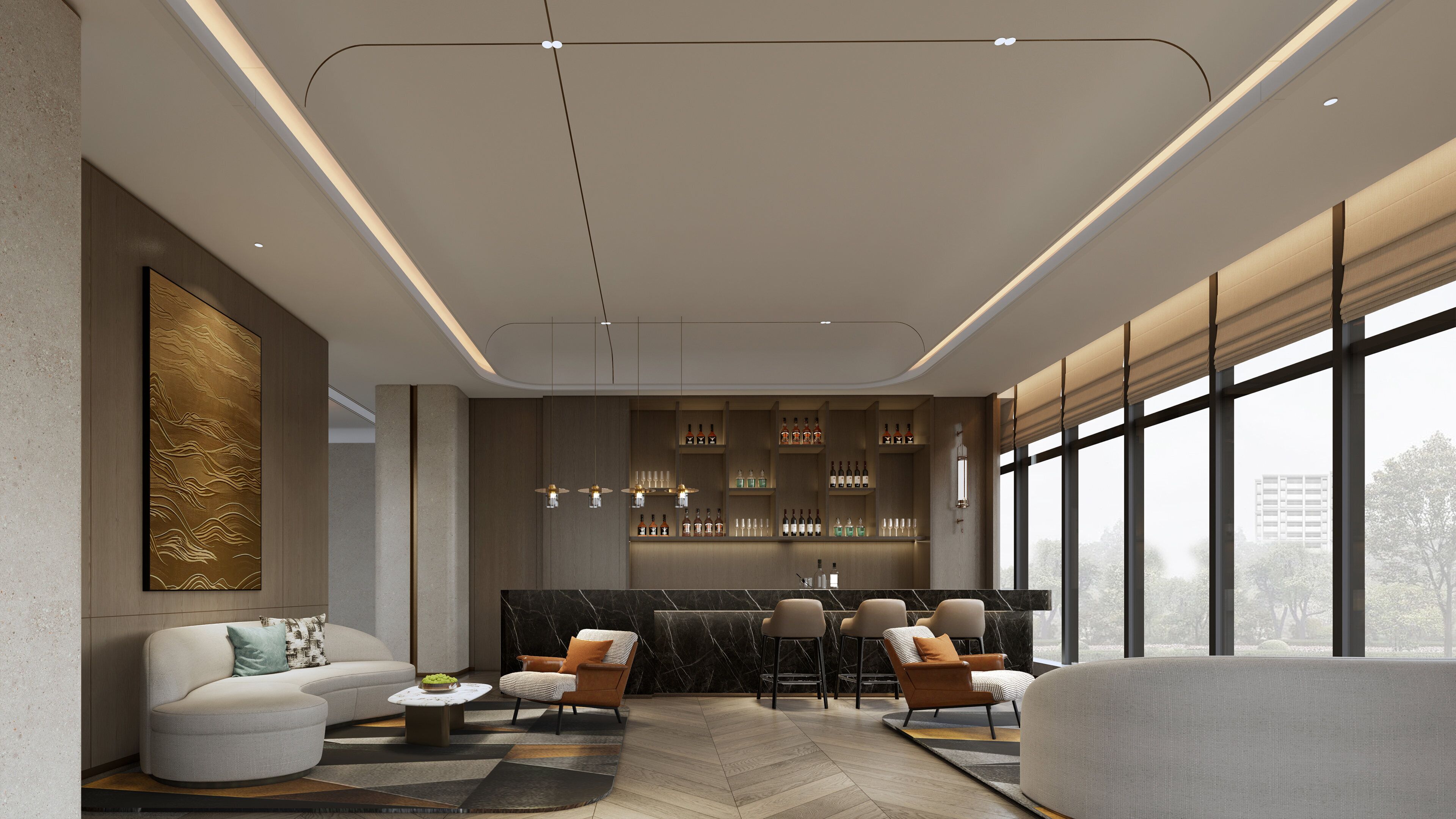 Una sala de estar moderna con un sofá, sillones, una mesa de centro y una zona de bar con estantes llenos de botellas y vasos.