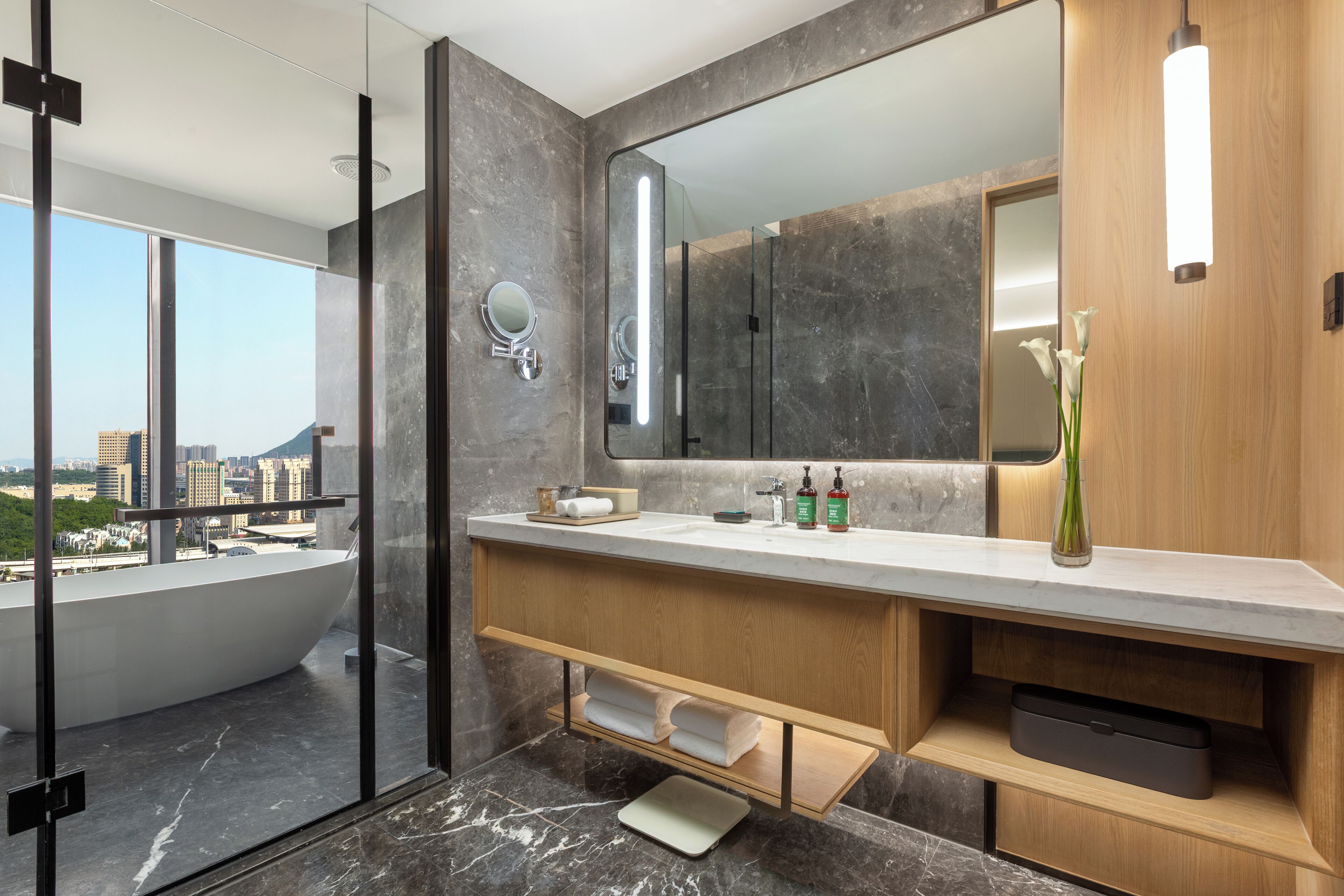 A modern bathroom with a large mirror, a bathtub, and a view of the city.