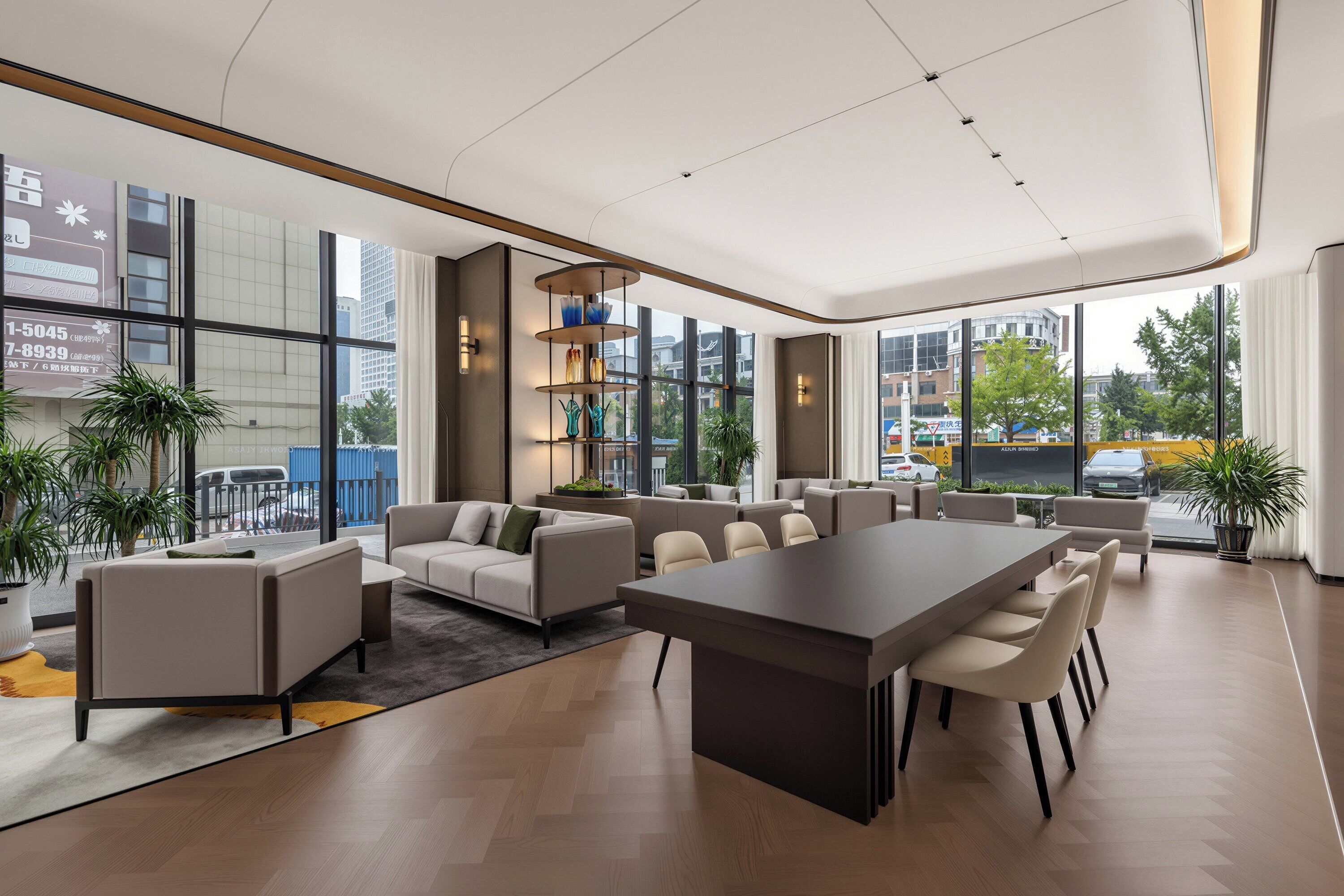 A modern hotel lobby with a large seating area, a central table, and large windows offering city views.