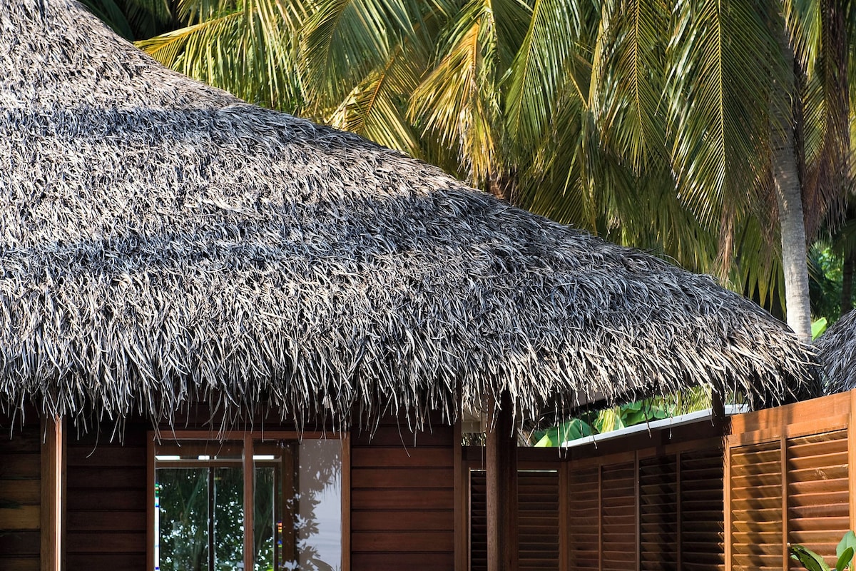 A thatched-roof hut with a wooden deck, two lounge chairs, a sofa, and a dining table.