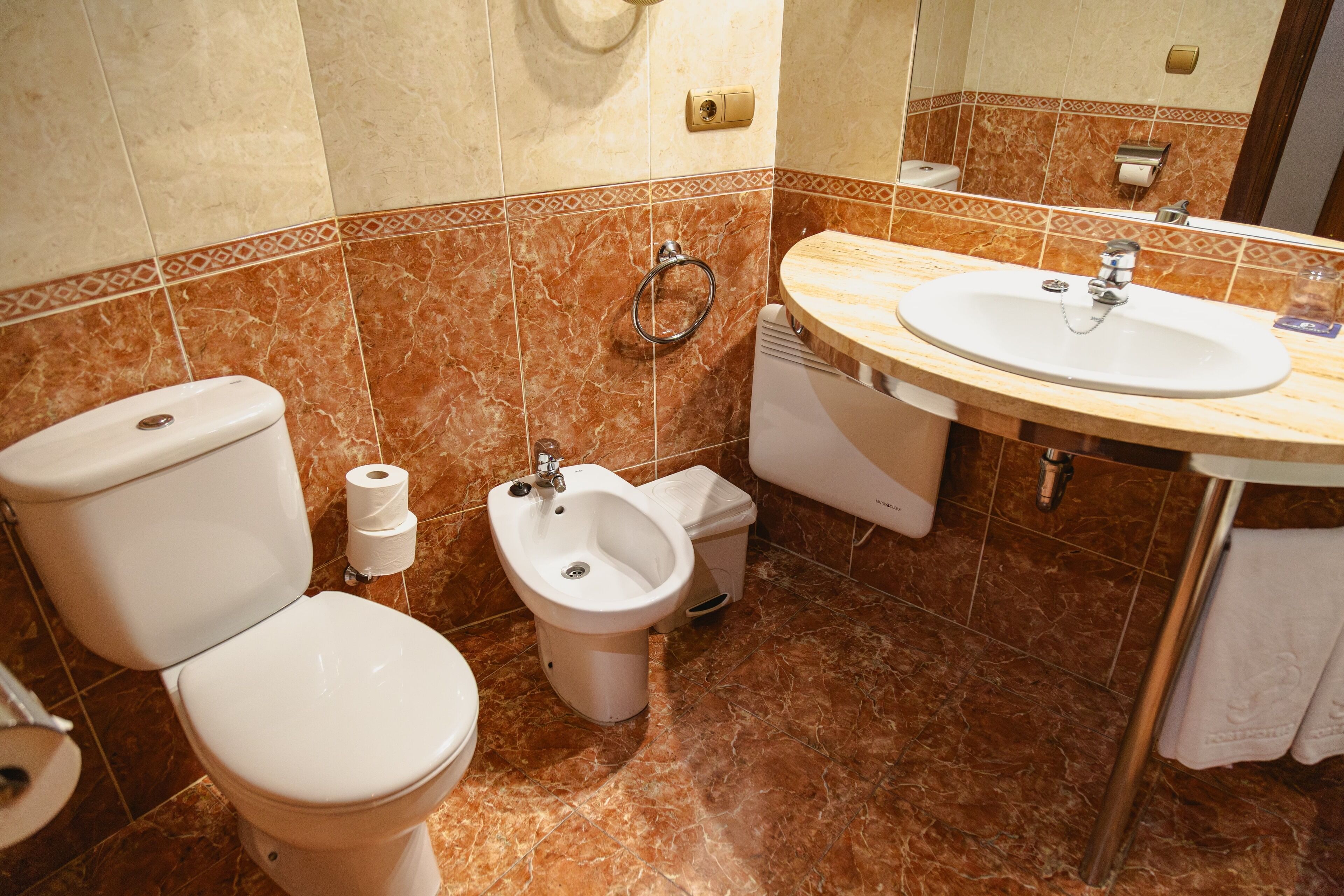 Une salle de bain équipée de toilettes, d’un bidet et d’un lavabo.