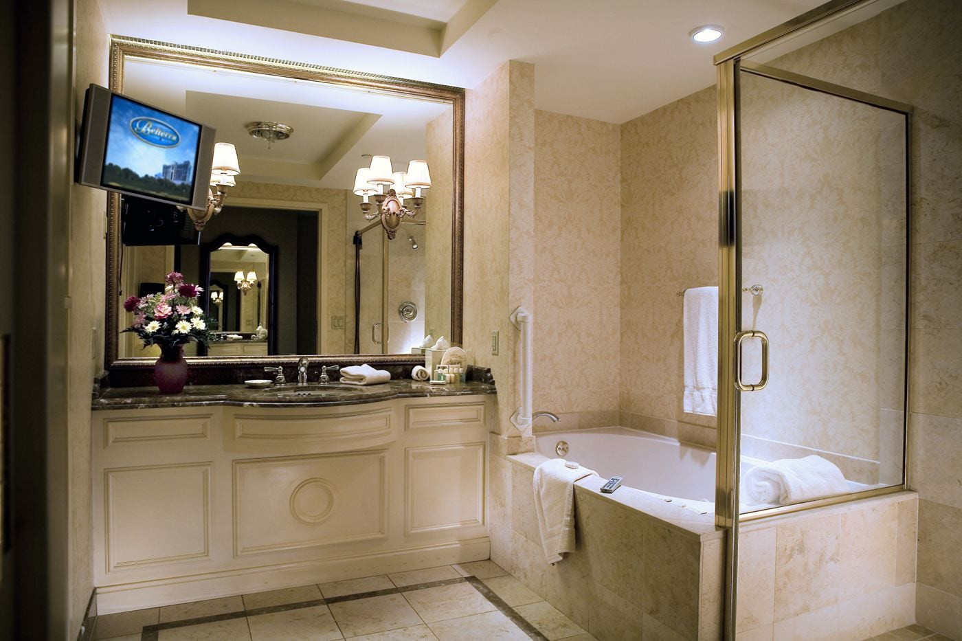 combined shower/bathtub, rainfall showerhead, designer toiletries