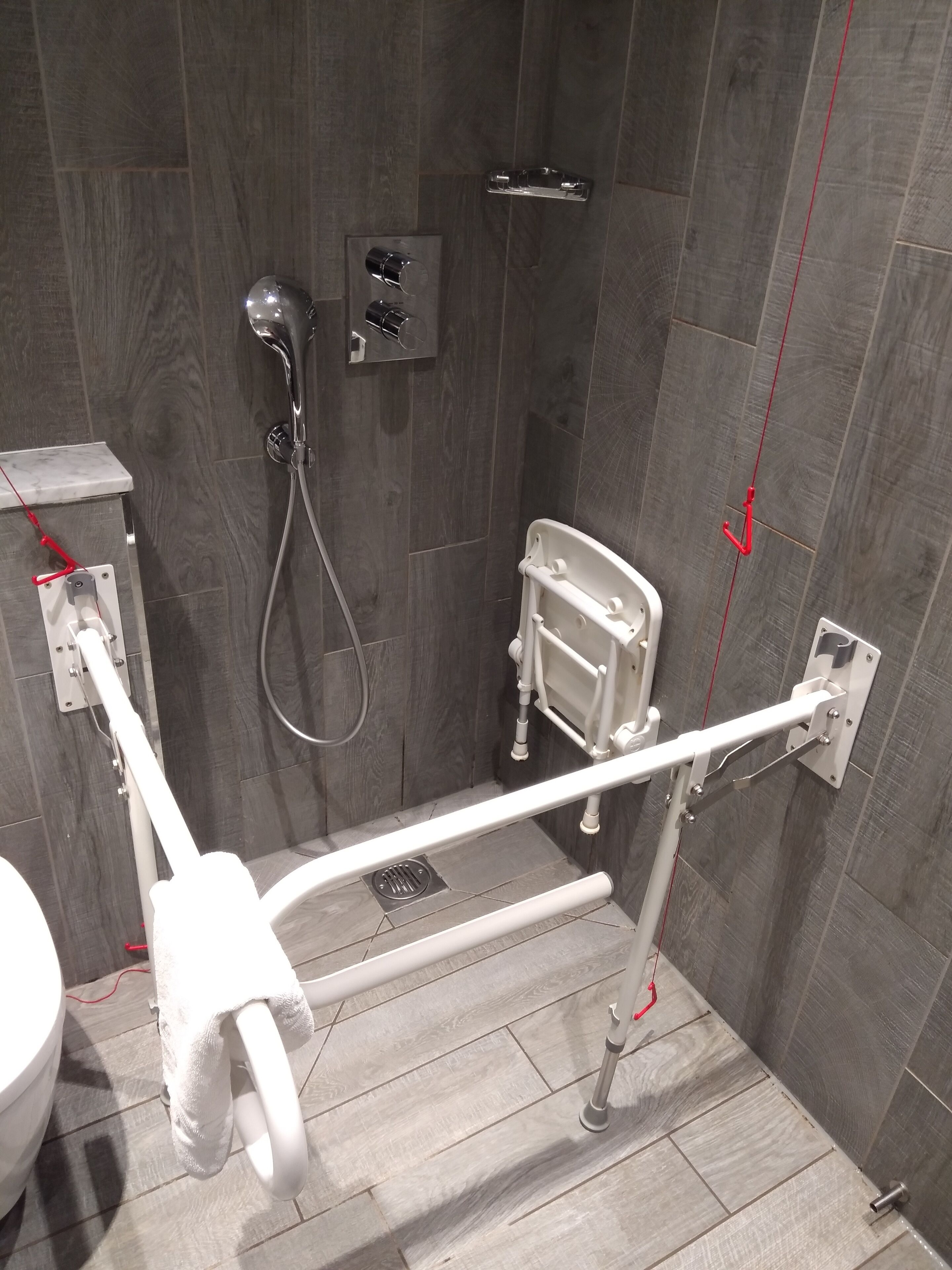 Une salle de bain moderne équipée d’une douche, de toilettes et d’une barre d’appui.