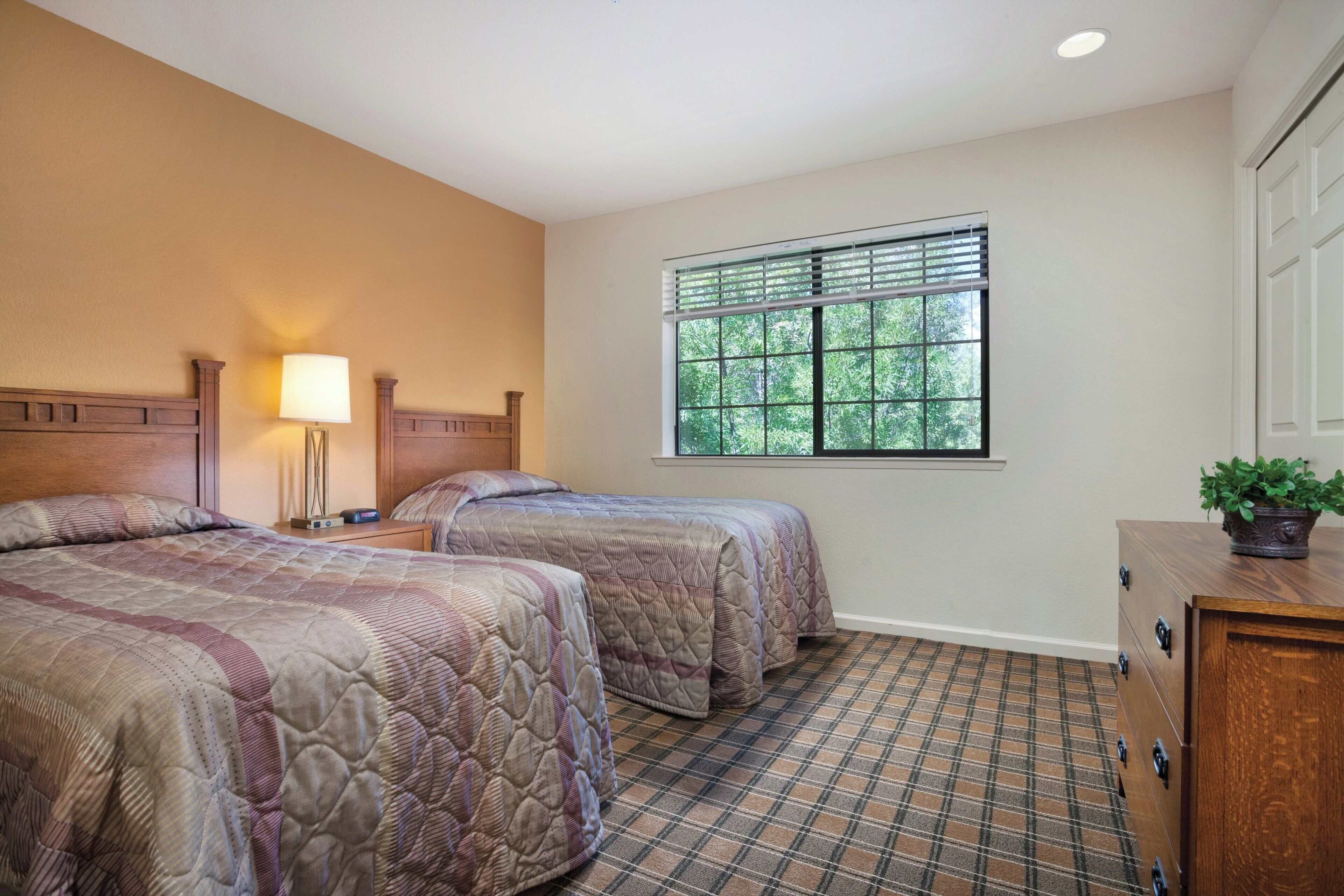A hotel room with two beds, a nightstand with a lamp, a window with blinds, and a dresser with a plant.