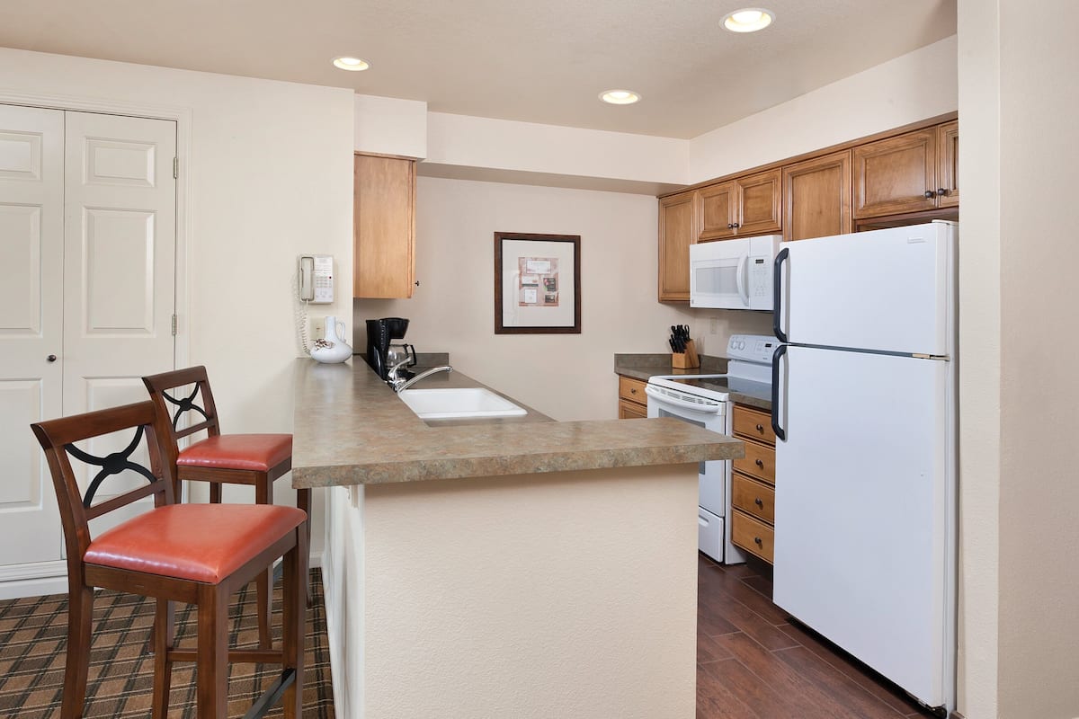 full-sized fridge, microwave, oven, stovetop